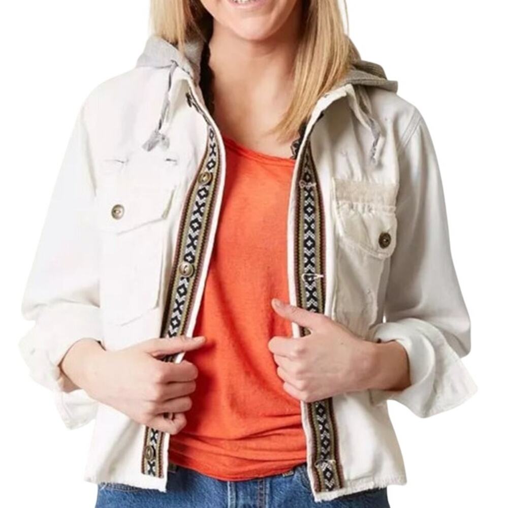 Free People Cream Hooded Jacket with Embroidered Trim